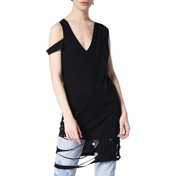 NWT Diesel T-Shane Destroyed Long T-shirt Black XS - Picture 3 of 3